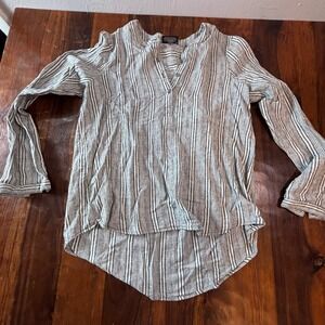 B.L.E.U. Womens Grey Striped Linen Blend Henley Blouse High Low Hem Large 548818